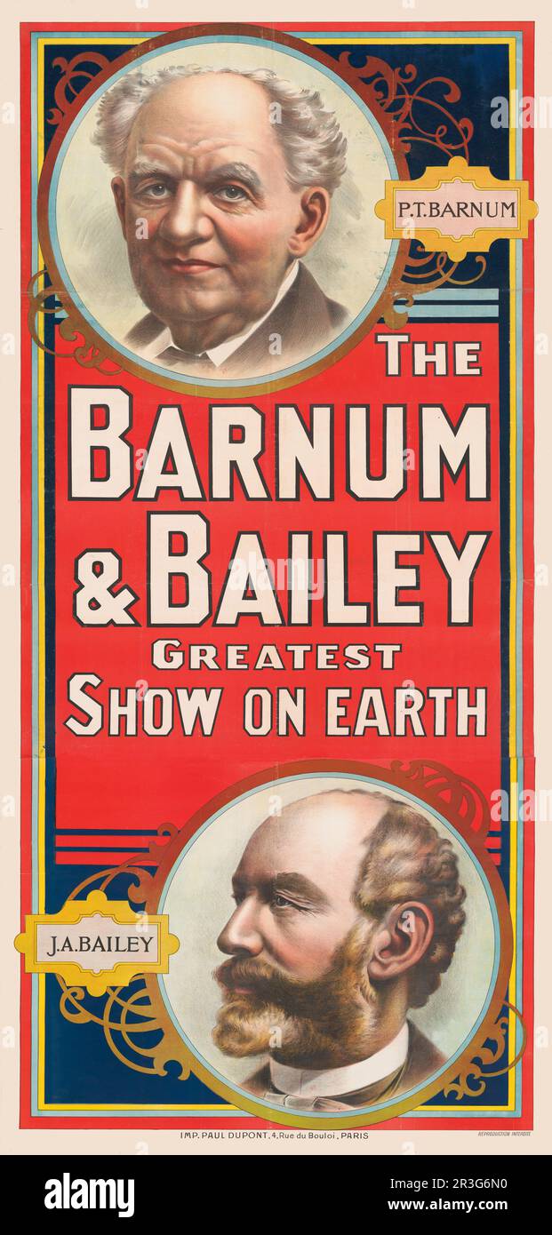 Vintage-Zirkusposter mit Porträts von Barnum und Bailey. Stockfoto
