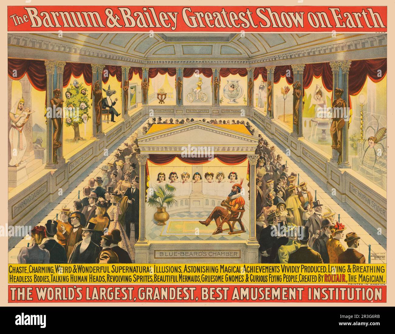 Vintage Barnum & Bailey Zirkusposter mit Leuten, die seltsame und wundervolle übernatürliche Illusionen im Saal sahen, um 1898. Stockfoto