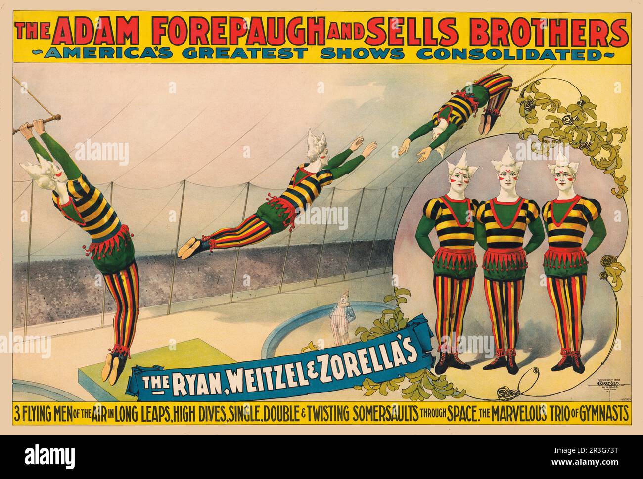 Der alte Adam Forepaugh und verkauft Brothers Zirkusposter von drei Luftakrobaten, die auf dem Trapez aufgetreten sind, um 1898. Stockfoto