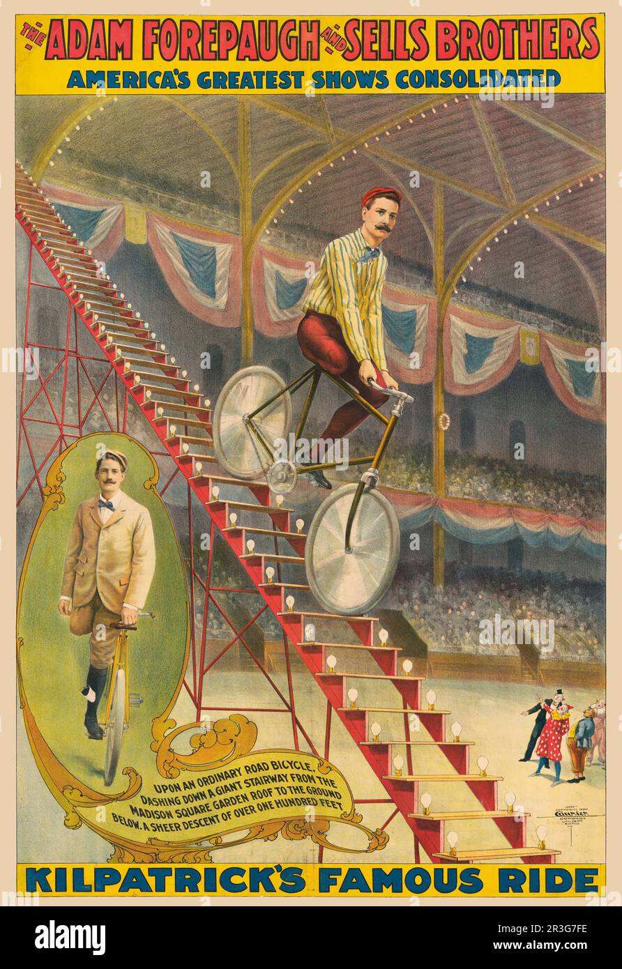 Das klassische Poster Adam Forepaugh und Sells Brothers Circus zeigt Amputierten die Treppe auf dem Fahrrad hinab. Stockfoto