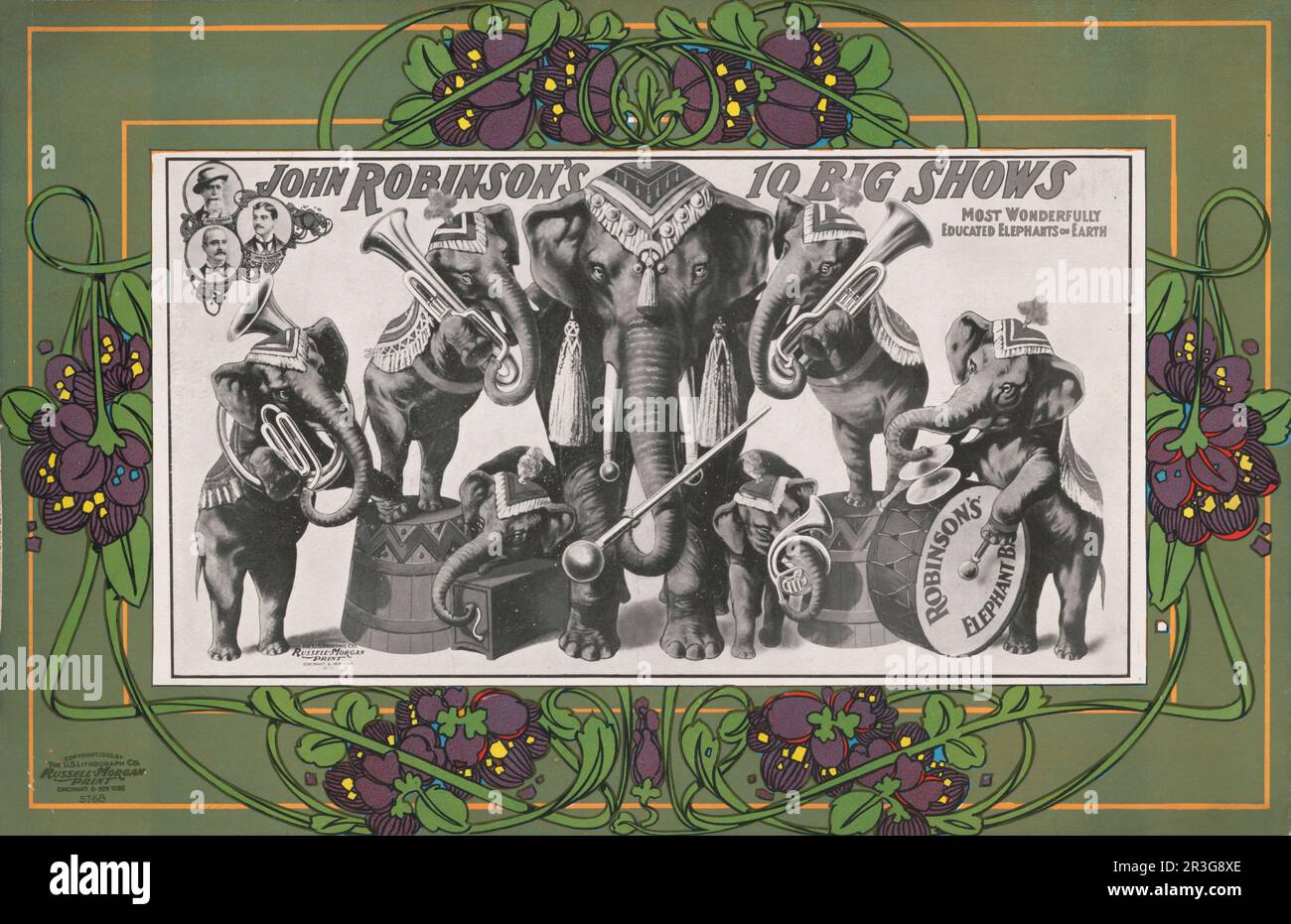 Ein klassisches Zirkusposter, auf dem sieben Elefanten Musikinstrumente spielen, etwa 1902. Stockfoto