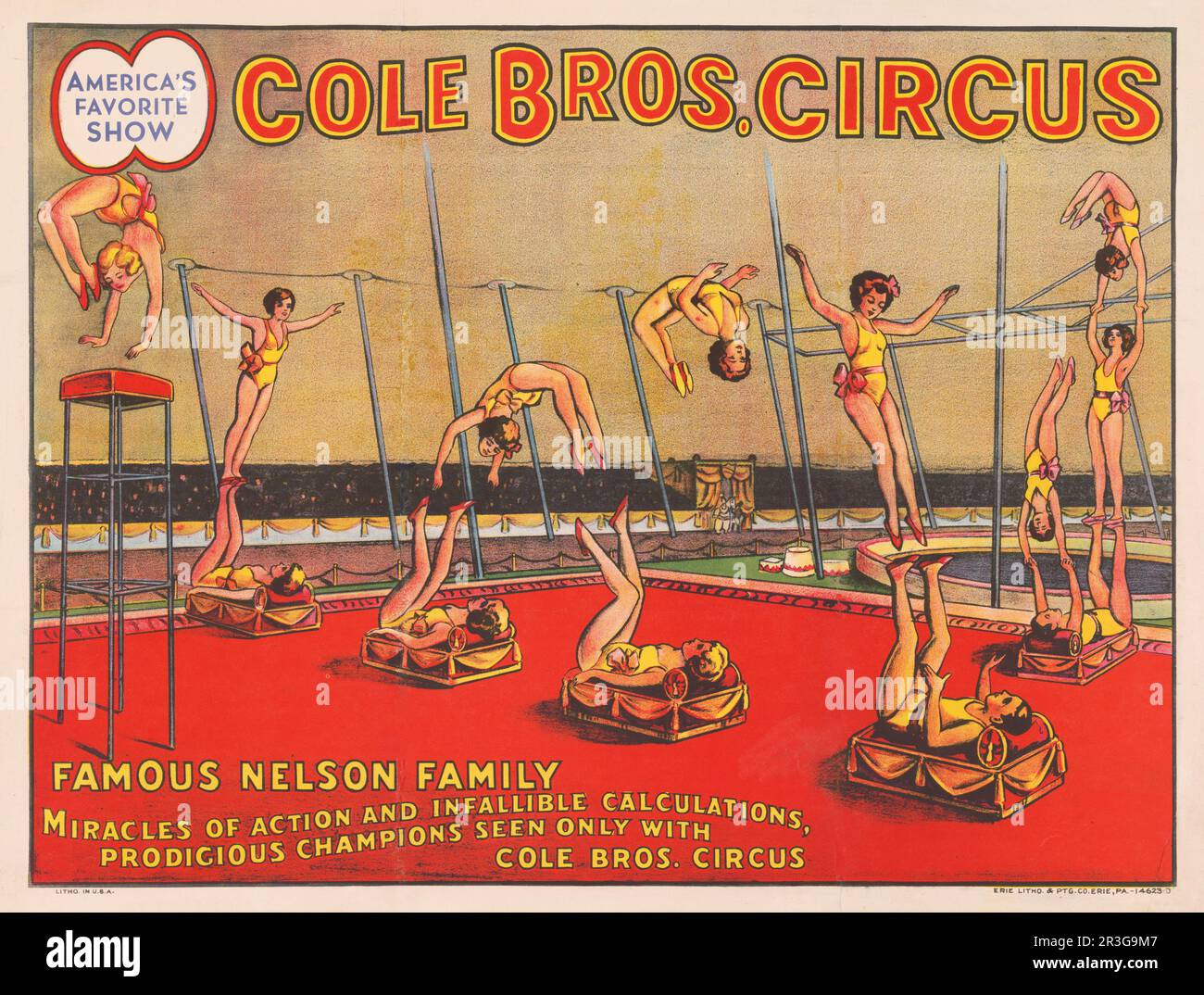 Vintage-Poster von Cole Brothers Circus, auf dem Akrobaten in Aktion gezeigt werden. Stockfoto