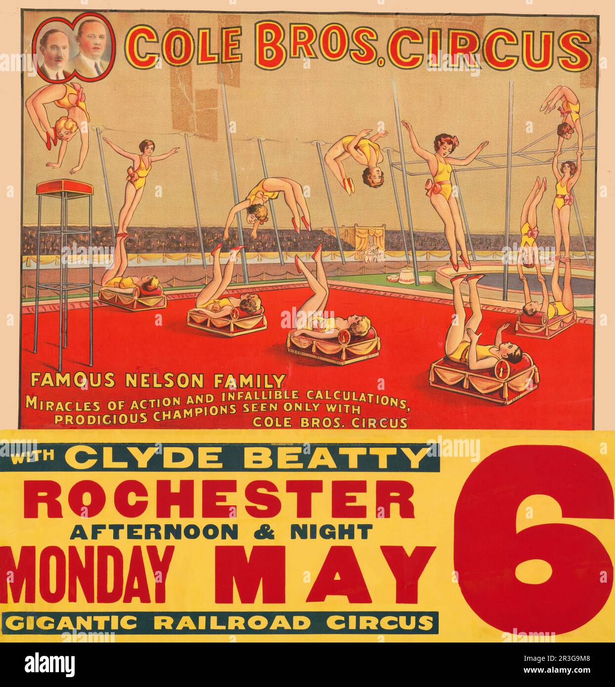 Vintage-Poster von Cole Brothers Circus, auf dem Akrobaten in Aktion gezeigt werden. Stockfoto