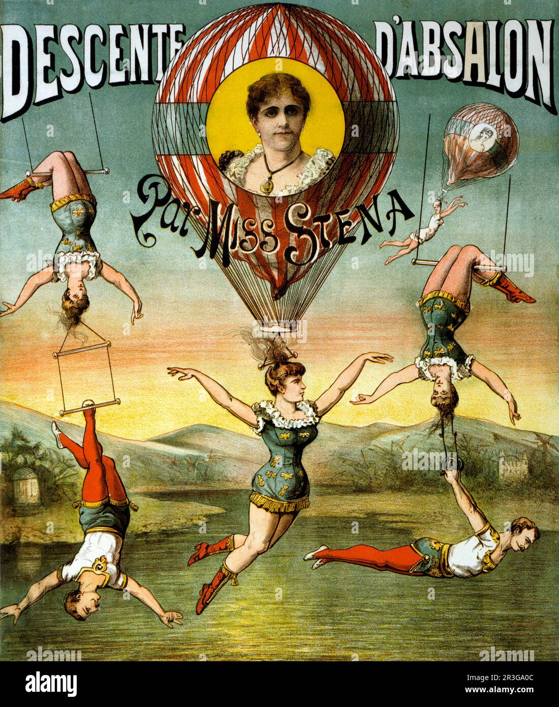 Klassisches französisches Zirkusposter mit einer Gruppe von Luftakrobaten. Stockfoto