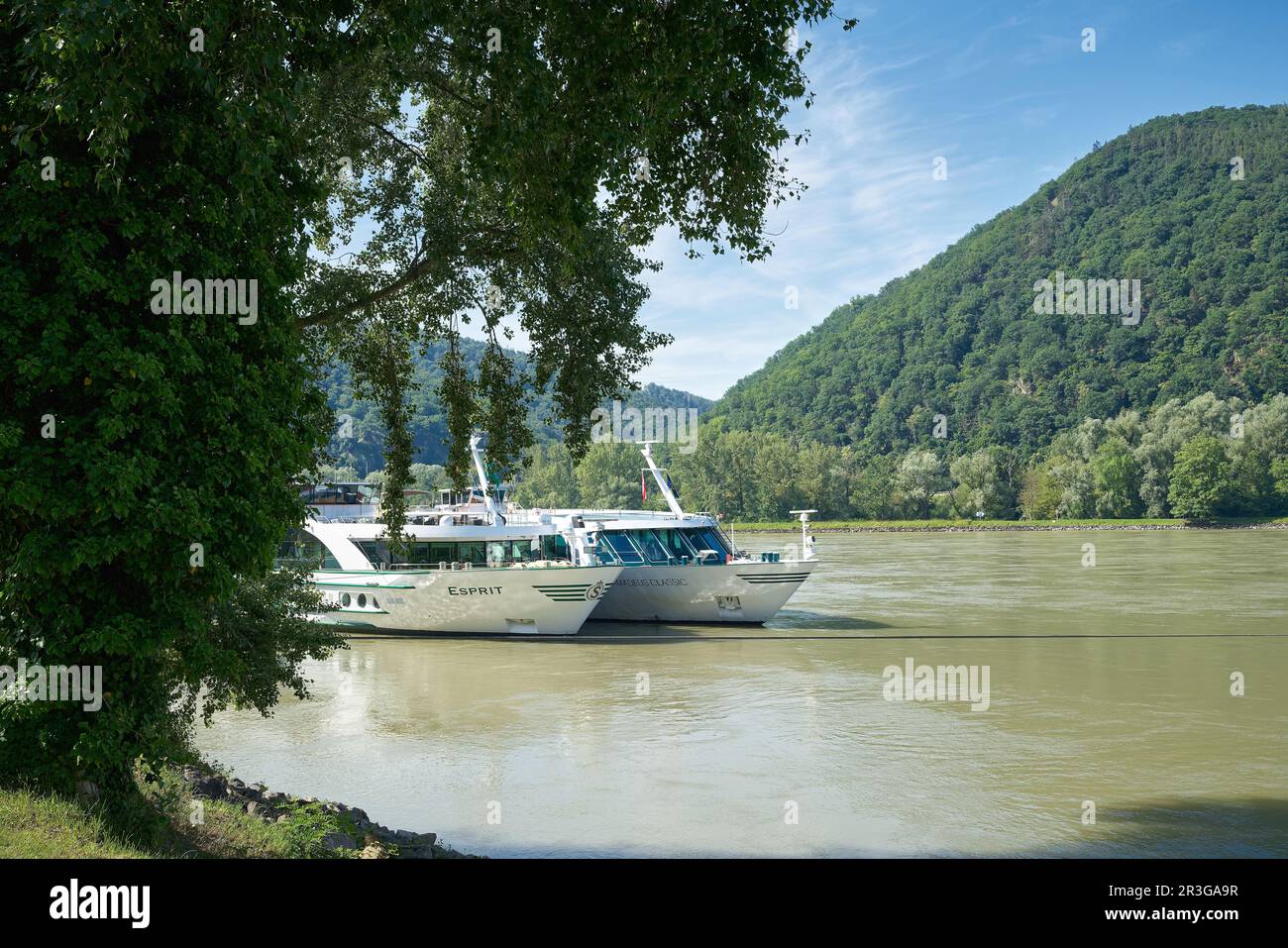 Kreuzfahrt-Schiffe auf der Donau an einer Anlegestelle in der Nähe von Dürnstein in Österreich Stockfoto