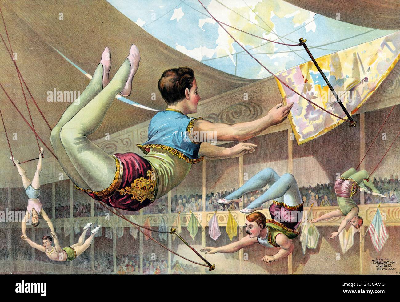Vintage-Grafikdruck von fünf männlichen Akrobaten, die in einem Zirkus aufgetreten sind. Ungefähr 1890. Stockfoto