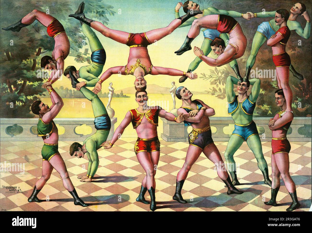 Vintage-Grafik von 13 Akrobatikern. Ungefähr 1891. Stockfoto