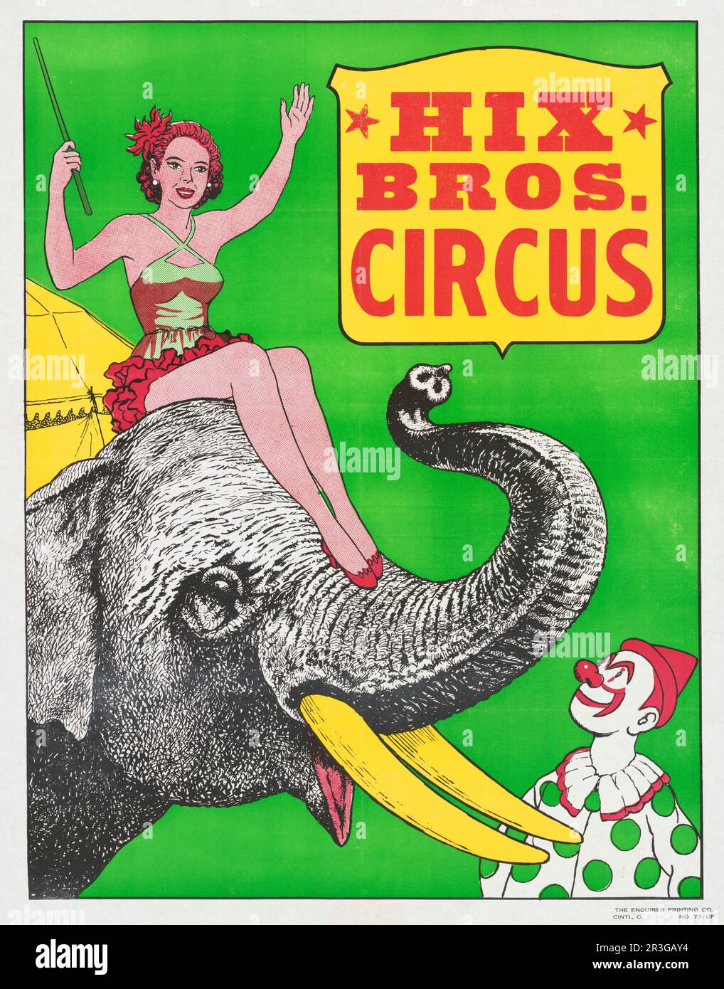 Das klassische Hix Brothers Zirkusposter zeigt einer Frau einen reitenden Elefanten. Stockfoto