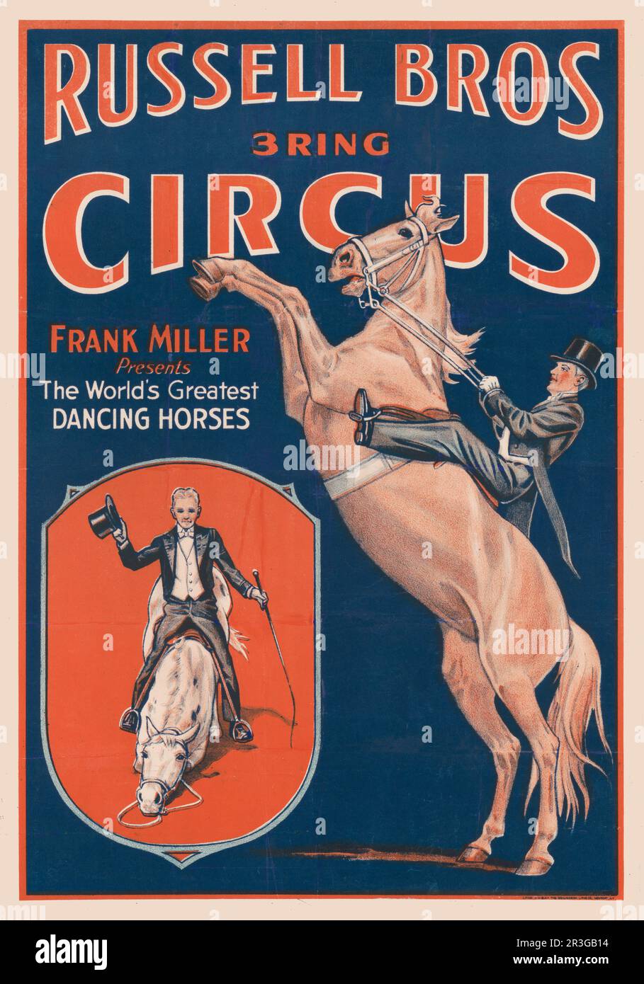 Vintage Russell Brothers Circus Poster. Frank Miller präsentiert die weltbesten tanzenden Pferde. Stockfoto