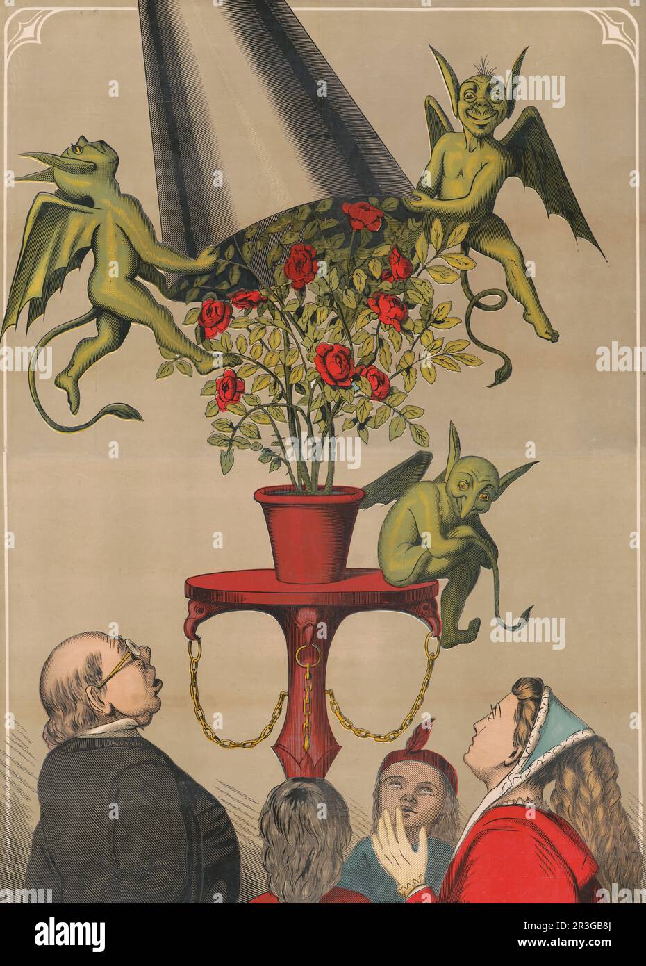 Vintage-Zirkusposter von vier Menschen, die grüne Dämonen sehen, die den Strauß von Rosen bedecken, etwa 1870. Stockfoto