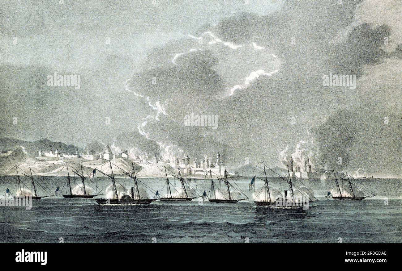 März 1847 - Bombardierung von Veracruz, Mexiko, durch amerikanische Kriegsschiffe während des mexikanischen Amerikanischen Krieges. Stockfoto