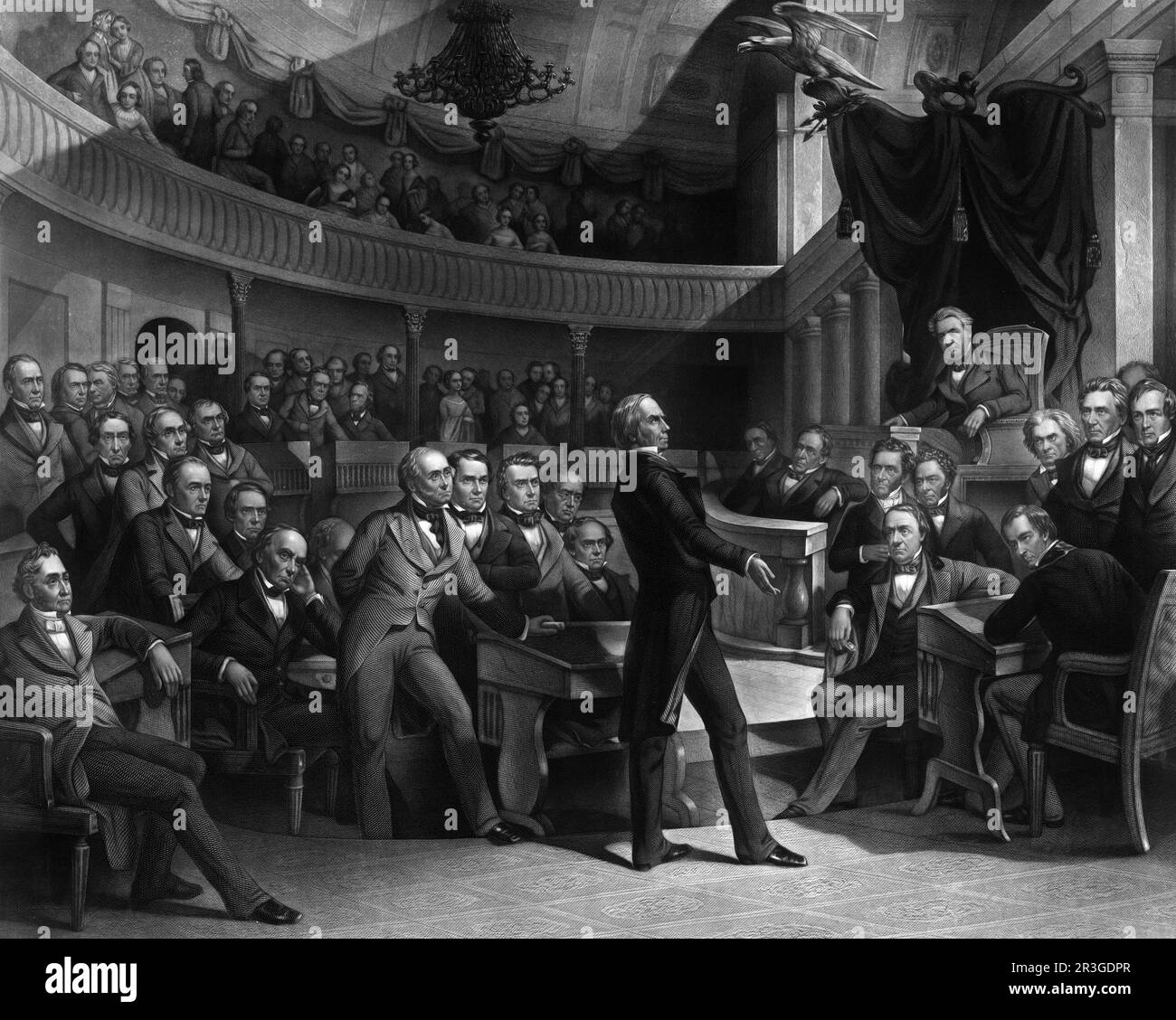 Senator Henry Clay spricht über den Kompromiss von 1850 in der alten Senatskammer. Stockfoto