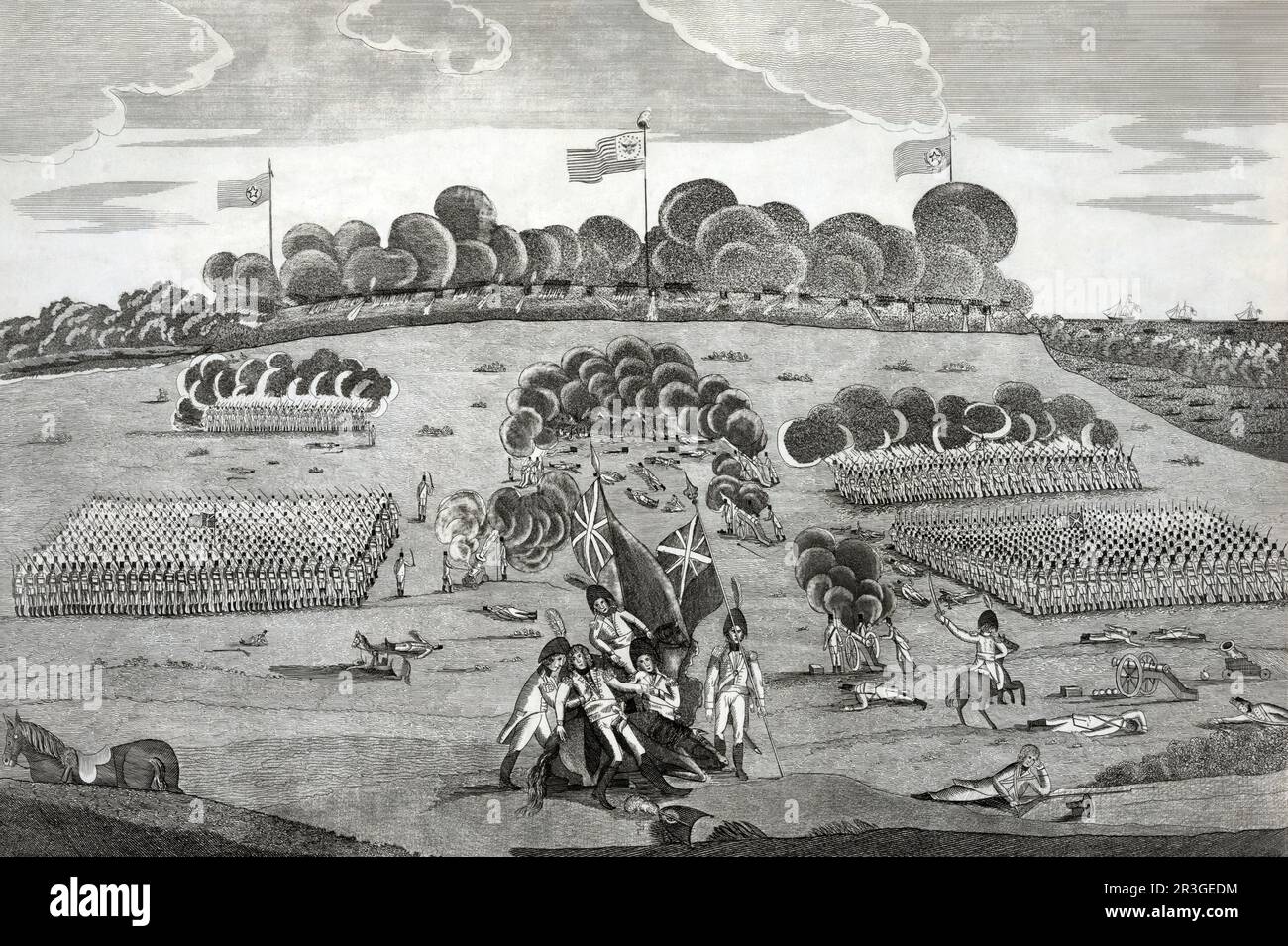 8. Januar 1815 - Schlacht von New Orleans, in der britische Truppen sich auf amerikanische Truppen zubewegen. Stockfoto