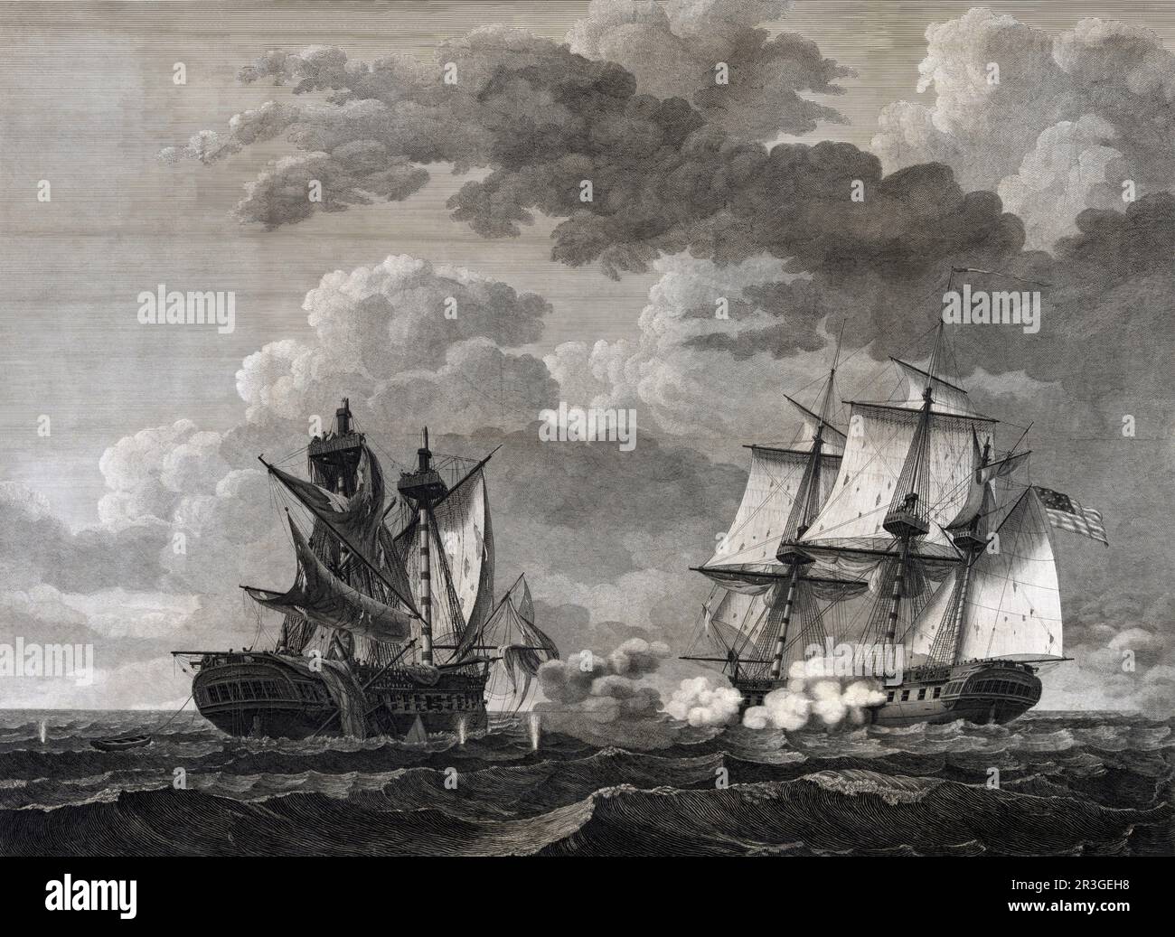 Die britische Fregatte HMS Macedonian wurde während des Krieges 1812 von der US-Fregatte USS USA beschossen. Stockfoto