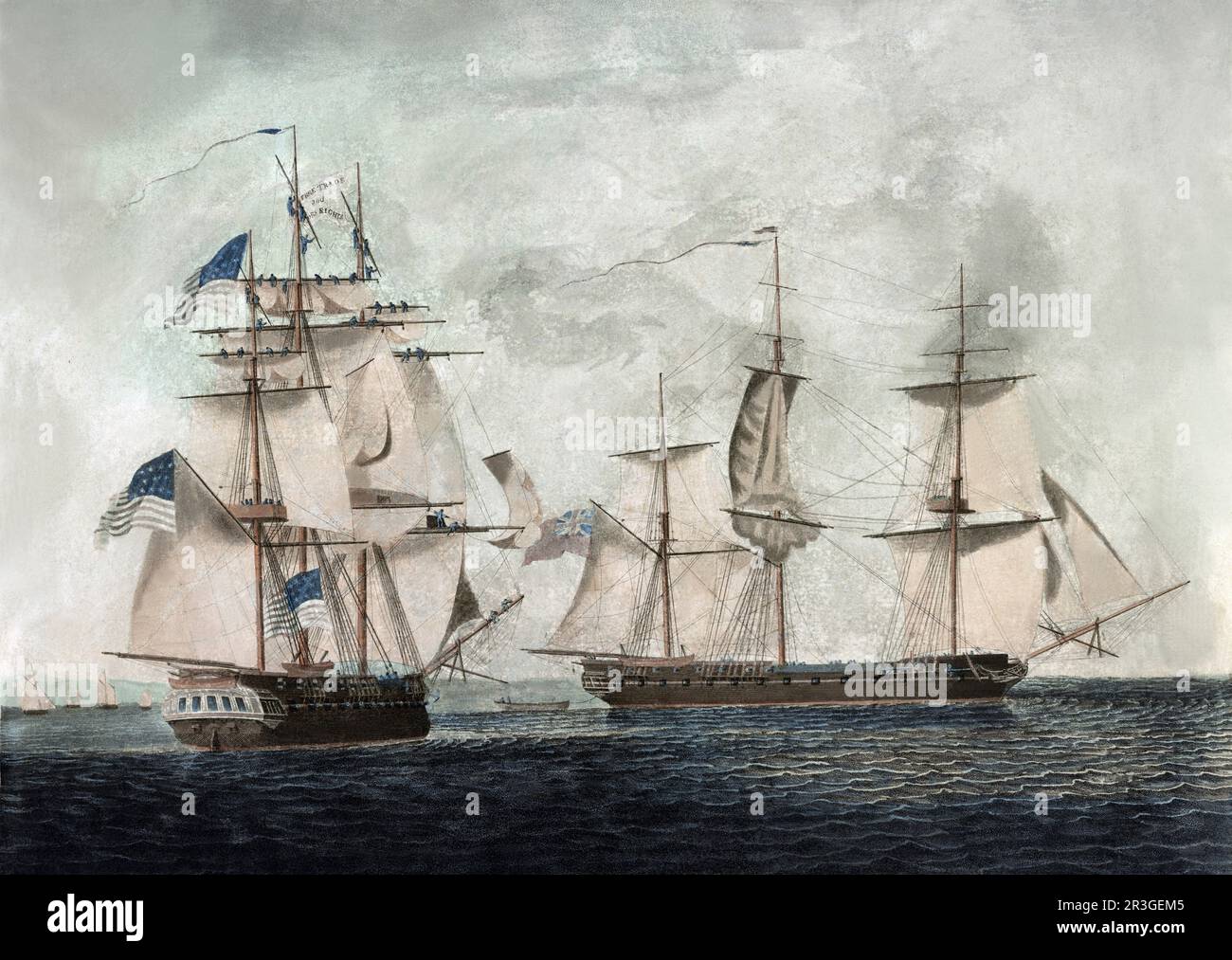 USS Chesapeake, auf der linken Seite, nähert sich HMS Shannon, während des Krieges von 1812. Stockfoto