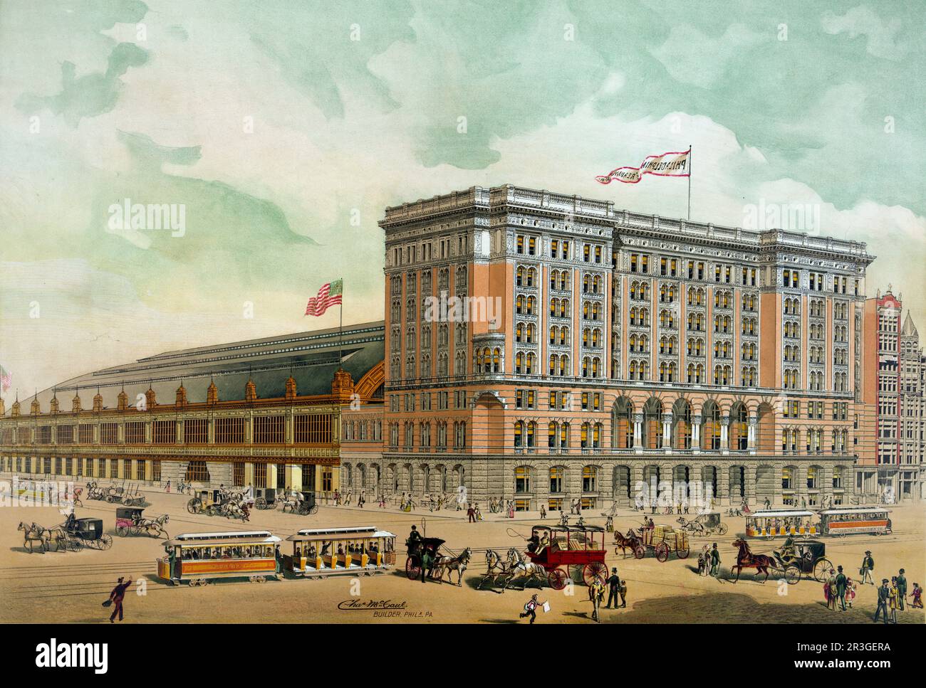 Blick auf die achtstöckige Reading Terminal Station der Philadelphia und Reading Railroad, ca. 1889. Stockfoto