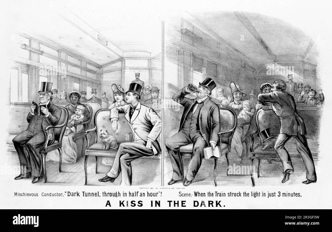Ein Kuss im Dunkeln. Ein Paar küsst sich in einem Zug mit einer frechen Witzfigur, um die 1881. Stockfoto