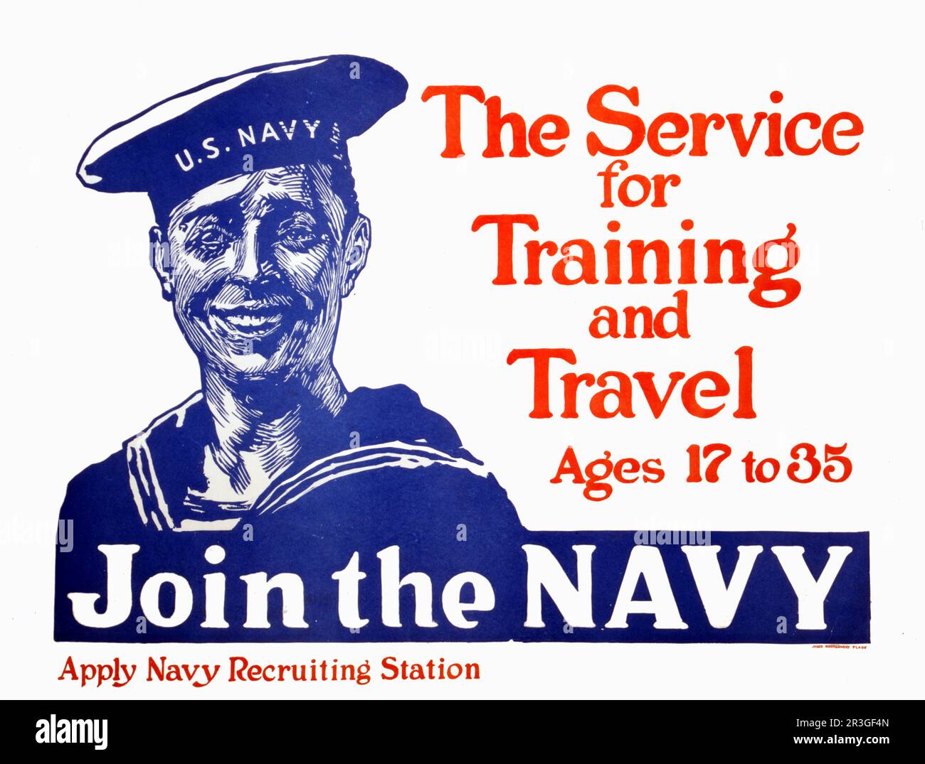US-Vintage Ein Navy-Rekrutierungs-Poster mit einem lächelnden Matrosen. Stockfoto
