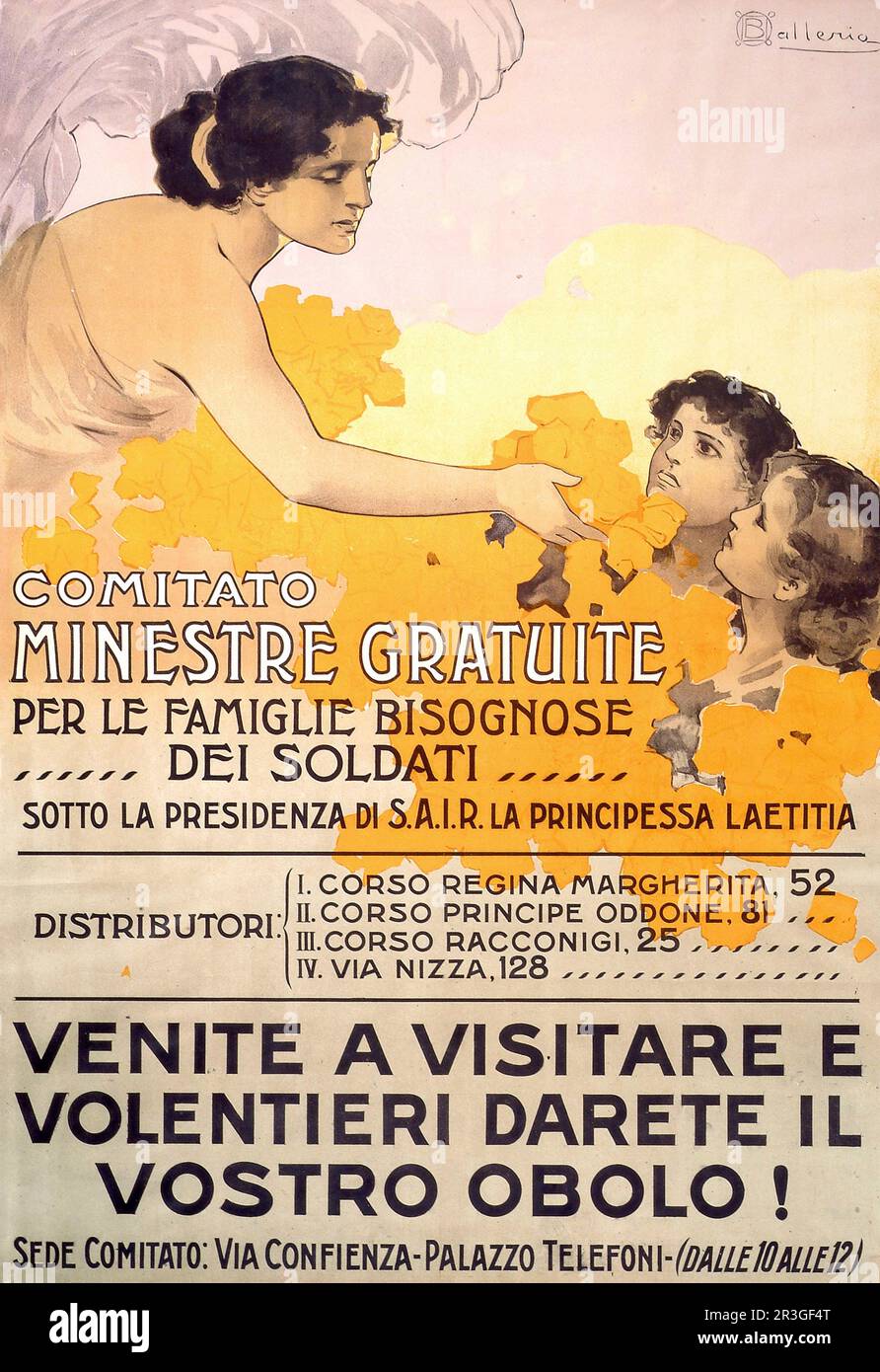 Italienisches Vintage-Plakat aus dem Jahr 1917, auf dem die Arbeit eines Unternehmens in Turin zur kostenlosen Versorgung der Familien der Soldaten geworben wird. Stockfoto