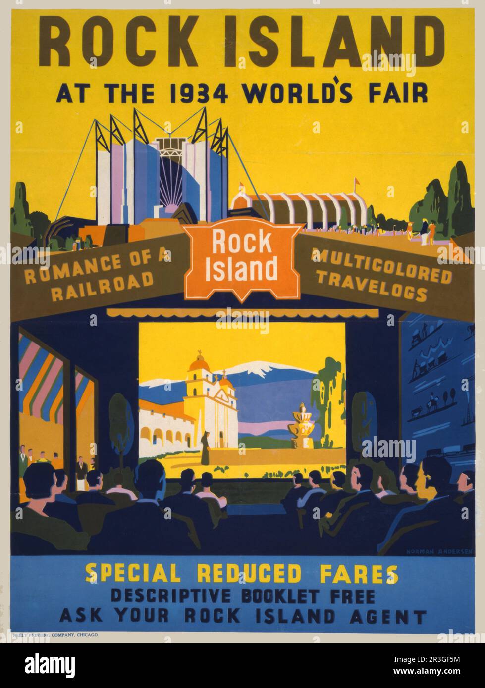 Vintage-Poster für die Chicago World's Fair 1933-34, auf dem ein Publikum ein Travelog sieht. Stockfoto