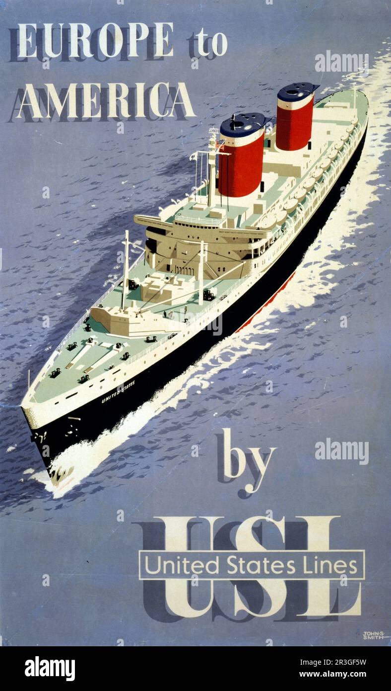 Oldtimer-Reiseposter auf See, Europa nach Amerika nach US-Linien, ca. 1955. Stockfoto