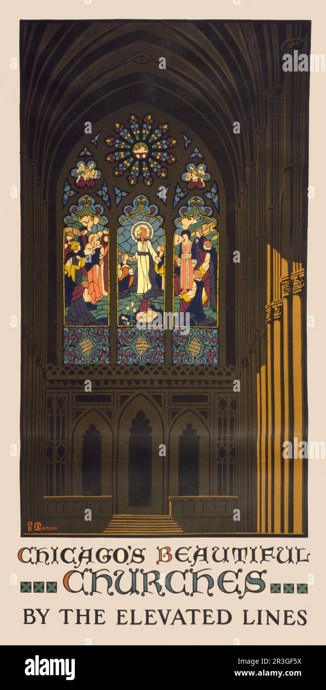 Altes 1923-Poster mit Buntglasfenster im Inneren einer Kirche. Stockfoto