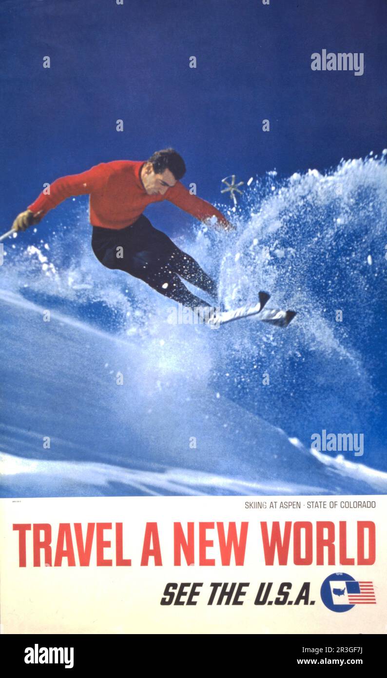 Werbung, in der ein Mann in Aspen, Colorado, um 1962 Ski fährt. Stockfoto