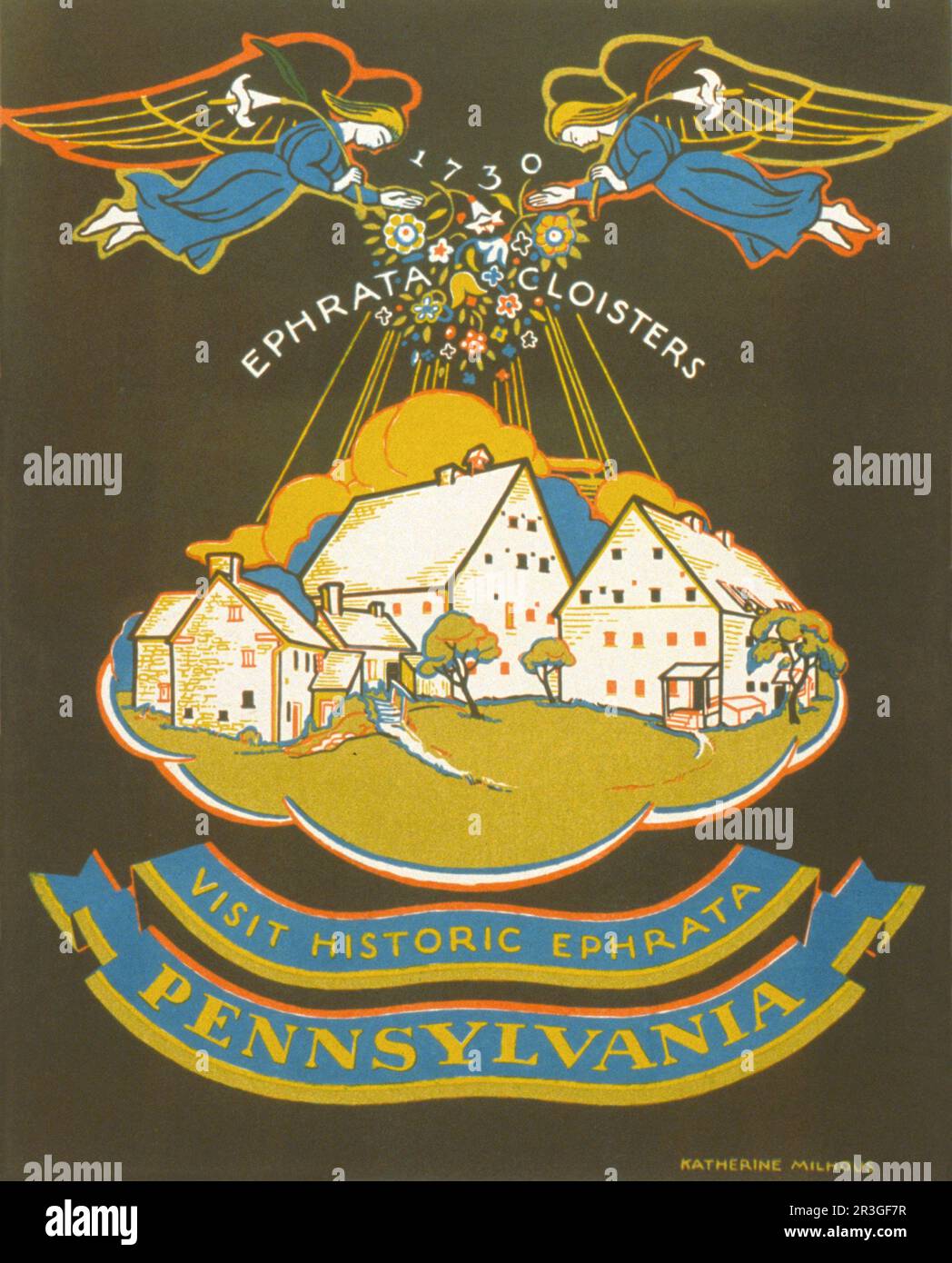 Vintage-1936-Reiseposter für das Ephrata Cloister, Lancaster County, Pennsylvania. Stockfoto