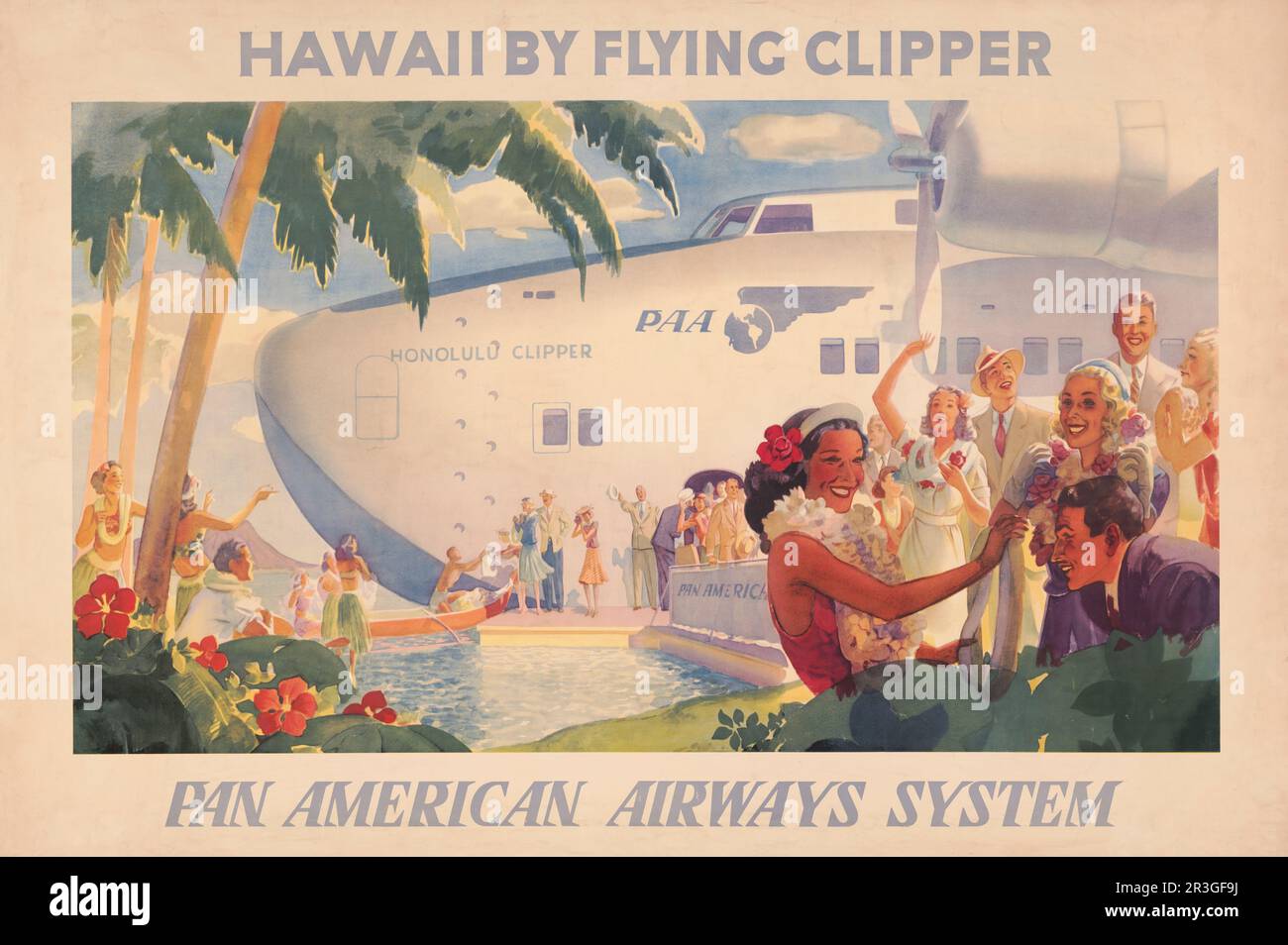 Hawaii mit fliegendem Klipper, Pan American Airways System, ca. 1938. Stockfoto