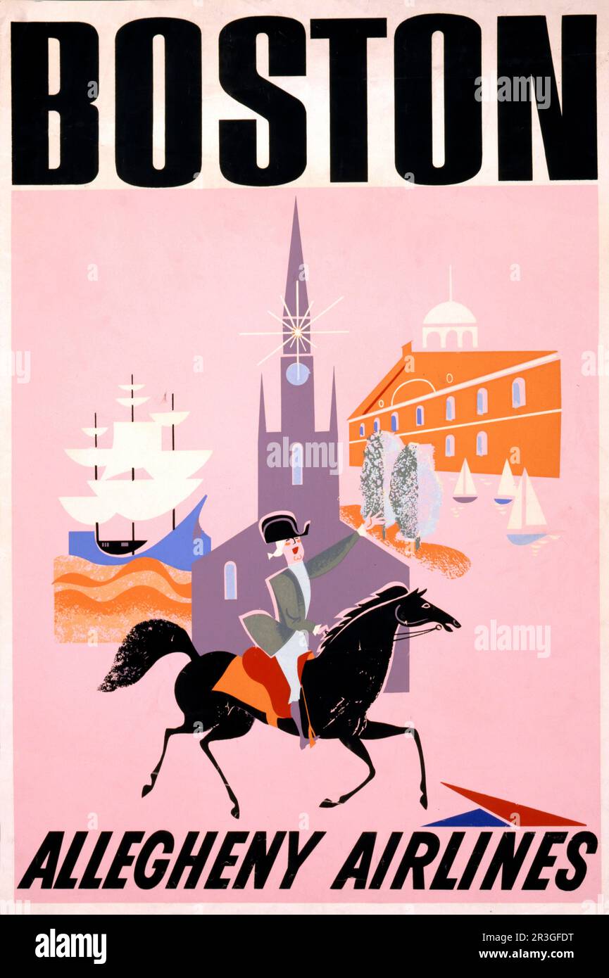 Altes Reiseposter von Allegheny Airlines nach Boston, auf dem Paul Revere zu Pferd reitet, um 1950. Stockfoto