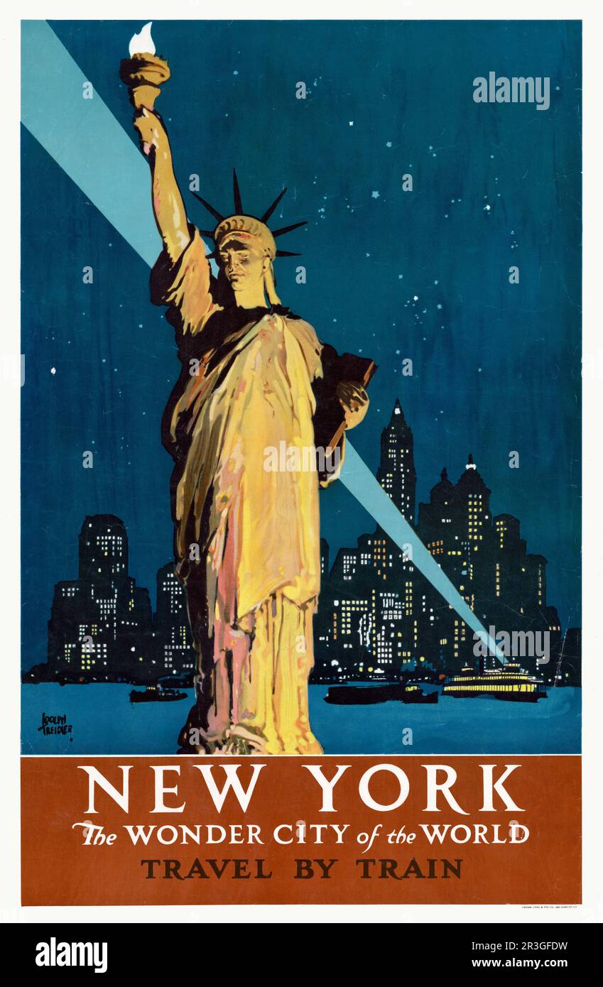 Altes Reiseposter für New York, das die Freiheitsstatue mit Booten, Skyline und Suchscheinwerfer aus dem Jahr 1927 zeigt. Stockfoto