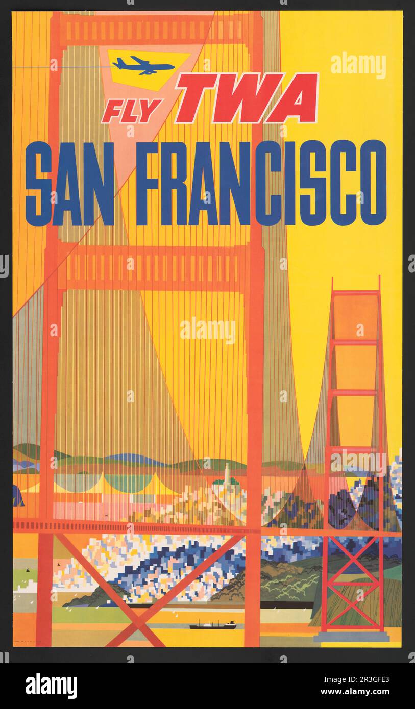 Das klassische Reiseposter für den Flug nach San Francisco zeigt eine stilisierte Golden Gate Bridge, die um 1957 erbaut wurde. Stockfoto