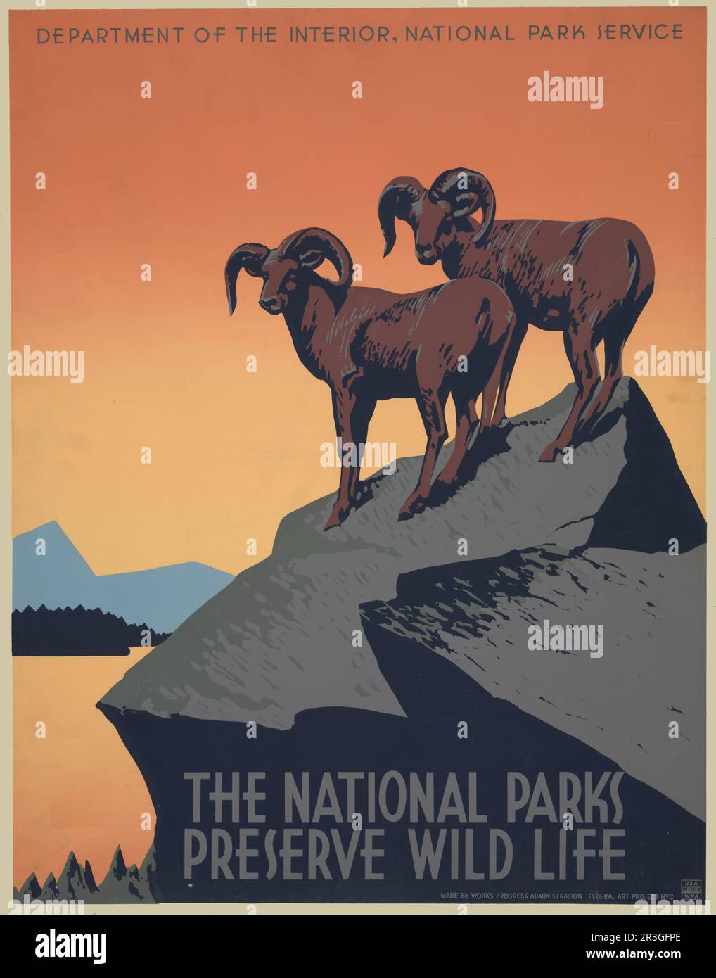Vintage-Poster für den National Park Service, auf dem die Reise in die Nationalparks gefördert wird und auf dem zwei Dickhornschafe aus dem Jahr 1936 gezeigt werden Stockfoto