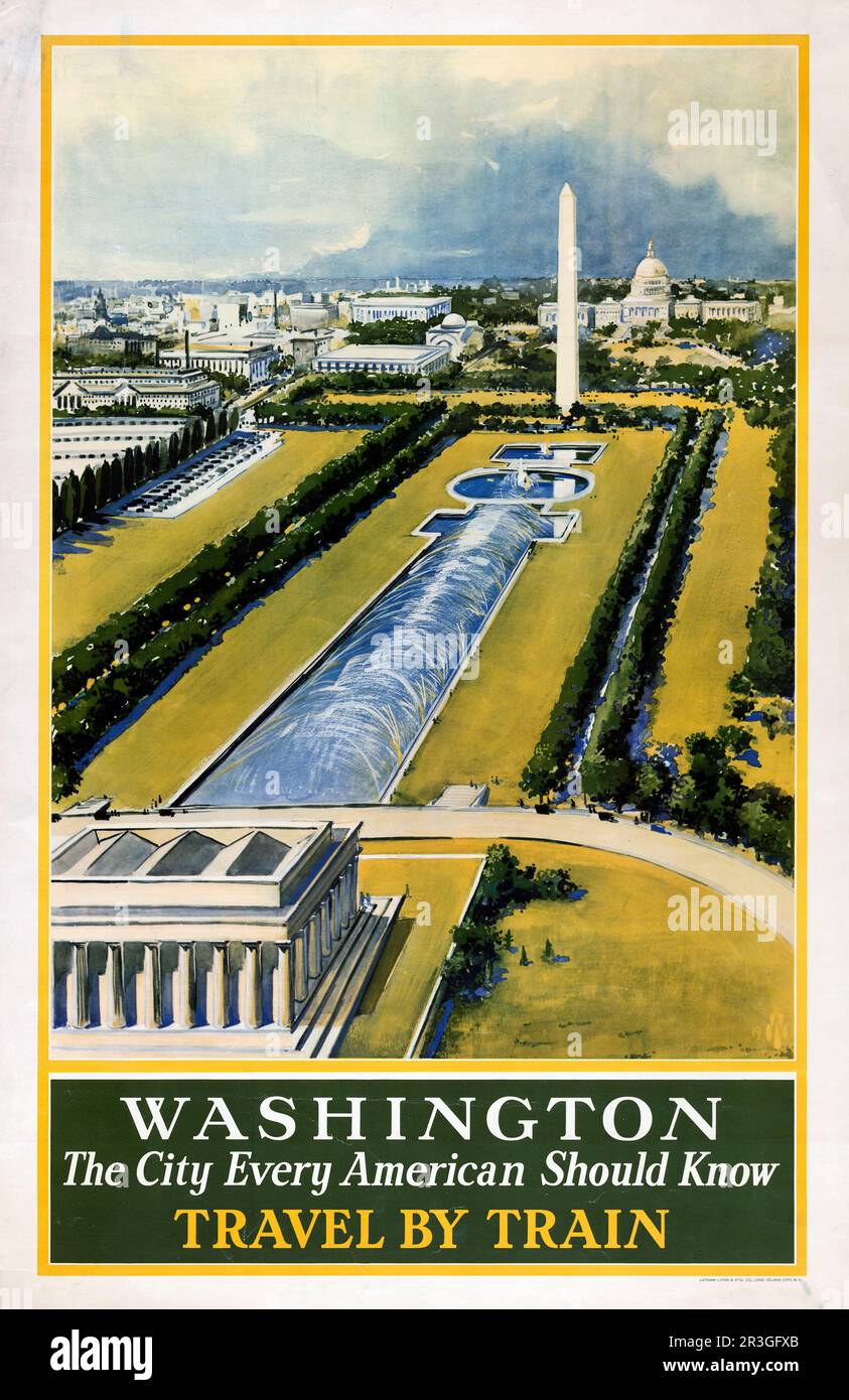 Oldtimer-Reiseposter für Washington D.C., Fahrt mit dem Zug, ca. 1930. Stockfoto