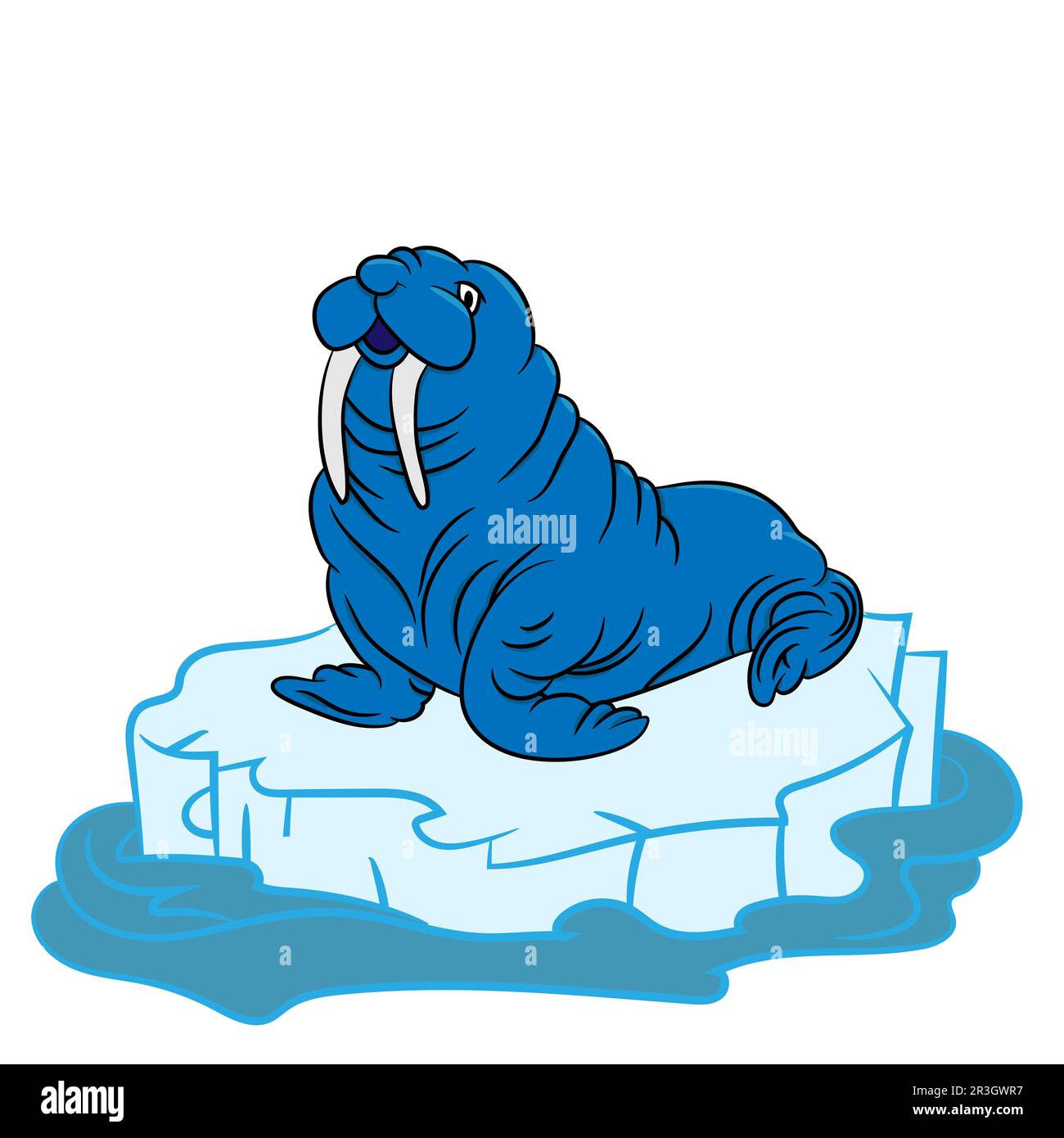 Cartoon-Zeichnung eines Walroses auf einer Eisscholle in der Arktis, Vektorgrafik Stockfoto