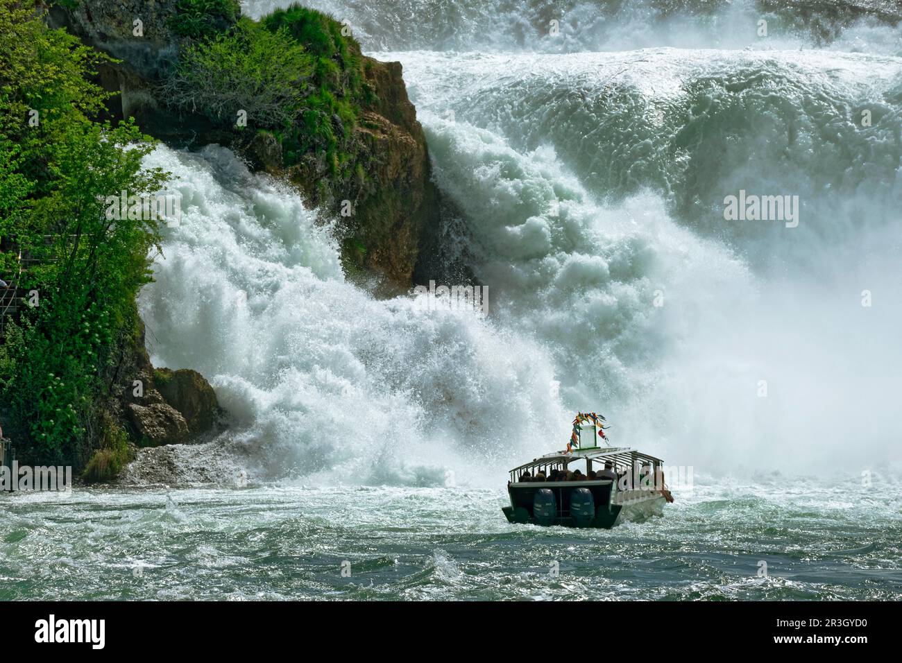 Rheinfall bei Schaffhausen, Wasserfall mit Ausflugsboot, Laufen-Uhwiesen am Rheinfall, Kanton Zürich, Schweiz Stockfoto