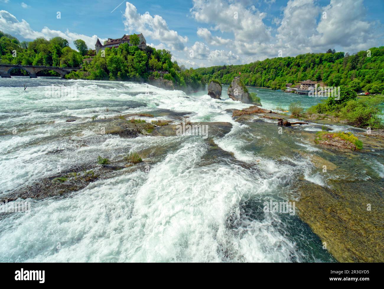 Rheinfall bei Schaffhausen, Wasserfall mit Ausflugsboot, Neuhausen am Rheinfall, Kanton Schaffhausen, Schweiz Stockfoto
