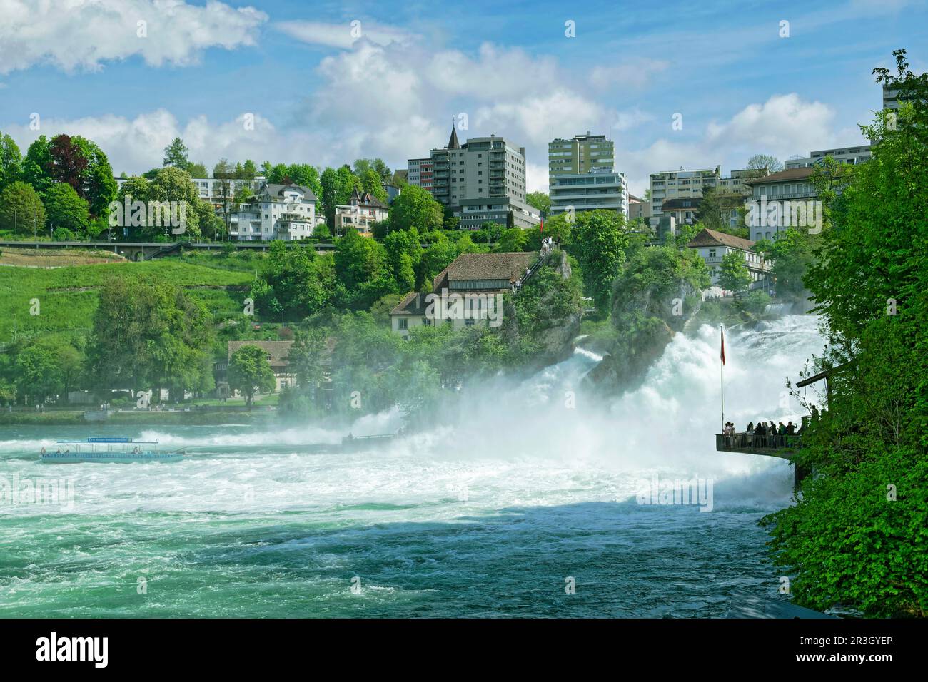 Rheinfall bei Schaffhausen, Wasserfall mit Ausflugsboot, Neuhausen am Rheinfall, Kanton Schaffhausen, Schweiz Stockfoto