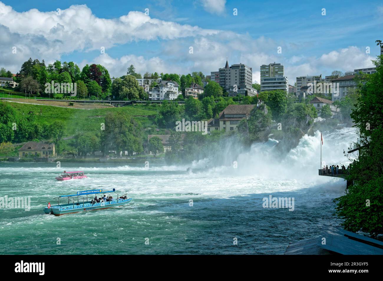 Rheinfall bei Schaffhausen, Wasserfall mit Ausflugsboot, Neuhausen am Rheinfall, Kanton Schaffhausen, Schweiz Stockfoto
