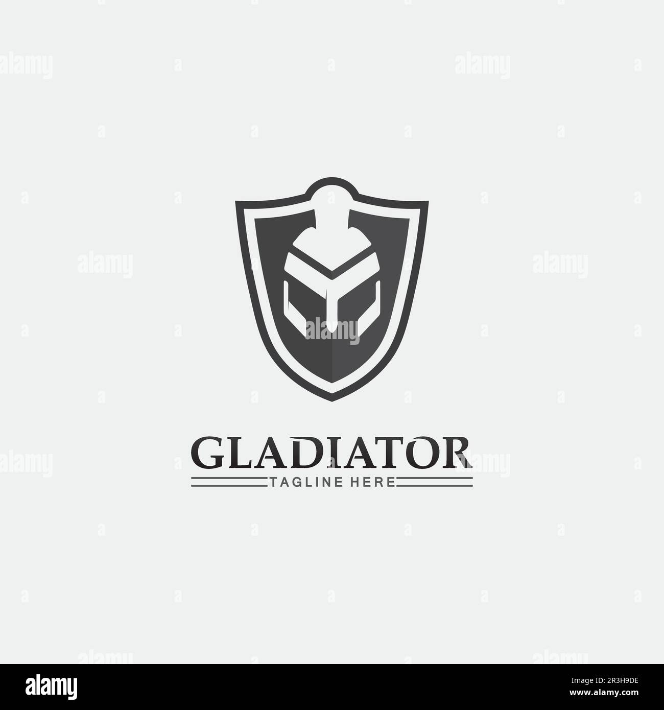 Spartan Helmet Logo und Gladiator, Power, Vintage, Schwert, Sicherheit, Legendäres Logo und Vektor des Soldatenklassikers Stock Vektor