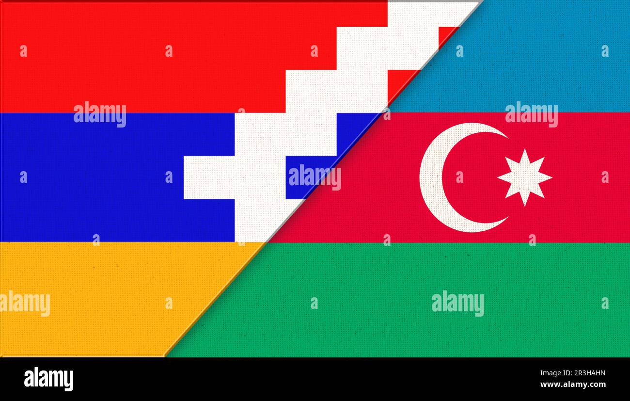 Flagge von Berg-Karabach und Aserbaidschan - Abbildung 3D. Zwei Flaggen Zusammen. Nationale Symbole von Az Stockfoto
