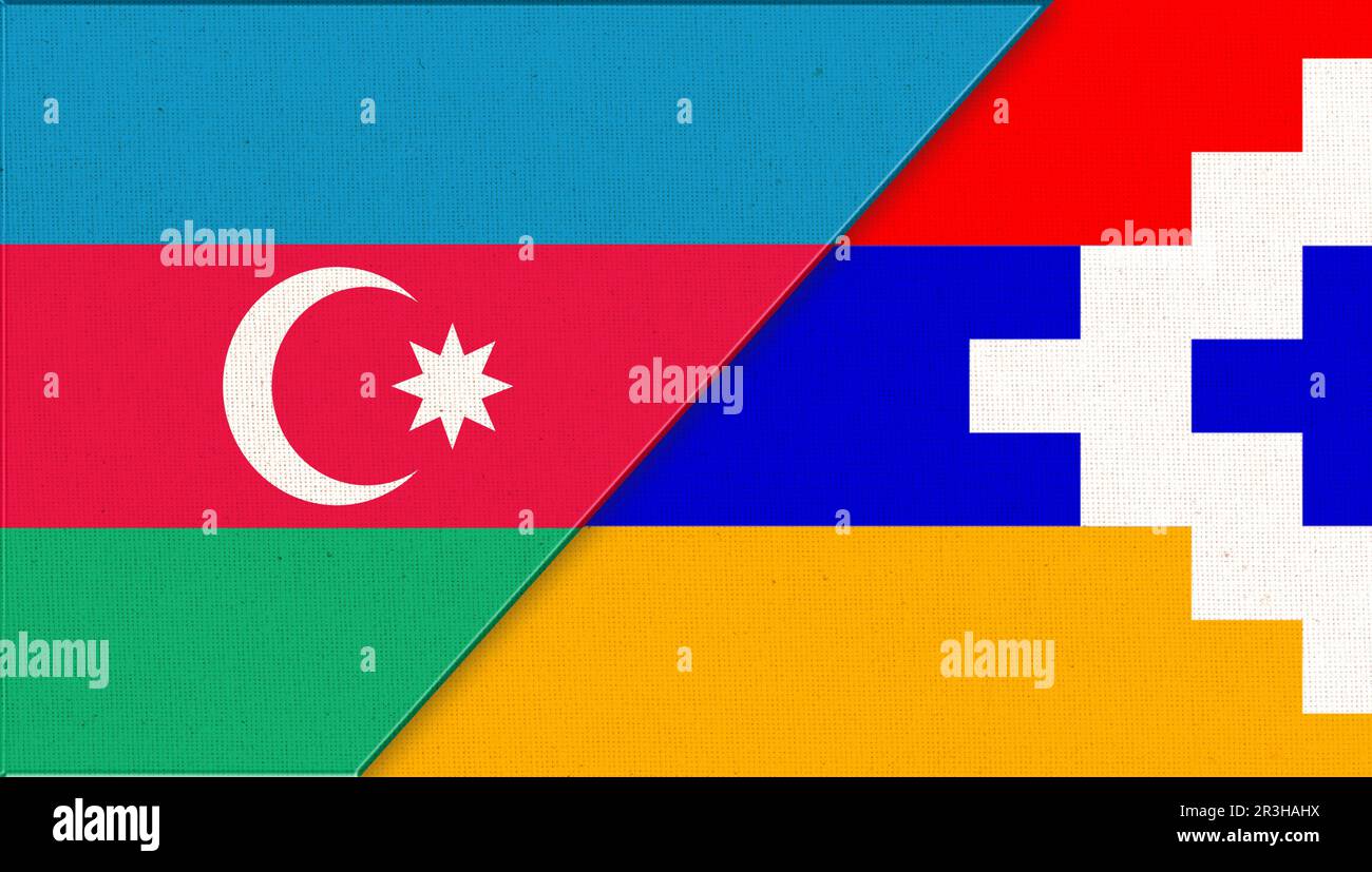 Flagge Aserbaidschans und Berg-Karabachs - Abbildung 3D. Zwei Flaggen Zusammen. Nationale Symbole von Stockfoto