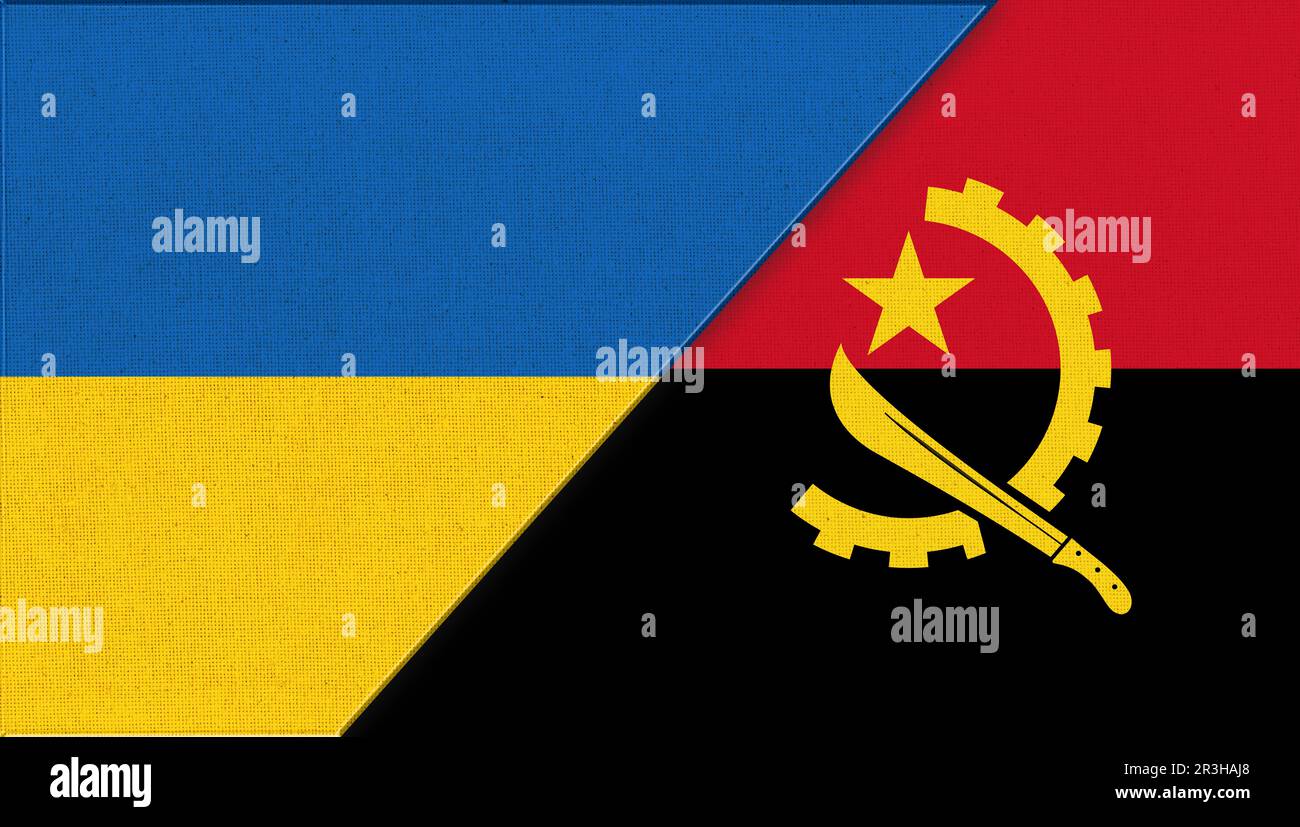Flagge der Ukraine und Angolas - Abbildung 3D. Zwei Flaggen Zusammen – Stoffstruktur. Nationale Symbole Stockfoto