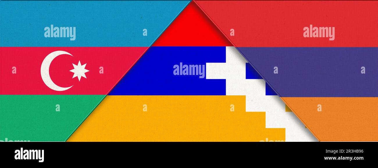Flagge Aserbaidschans und Berg-Karabachs - Abbildung 3D. Zwei Flaggen Zusammen. Nationale Symbole Stockfoto