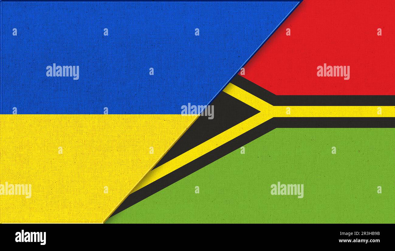 Flagge der Ukraine und Vanuatu - Abbildung 3D. Zwei Flaggen Zusammen – Stoffstruktur. Nationale Symbole Stockfoto