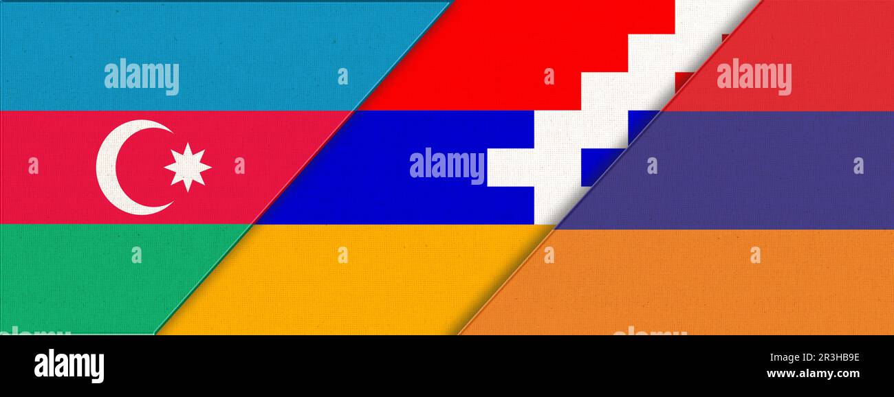 Flagge Aserbaidschans und Berg-Karabachs - Abbildung 3D. Zwei Flaggen Zusammen. Nationale Symbole Stockfoto