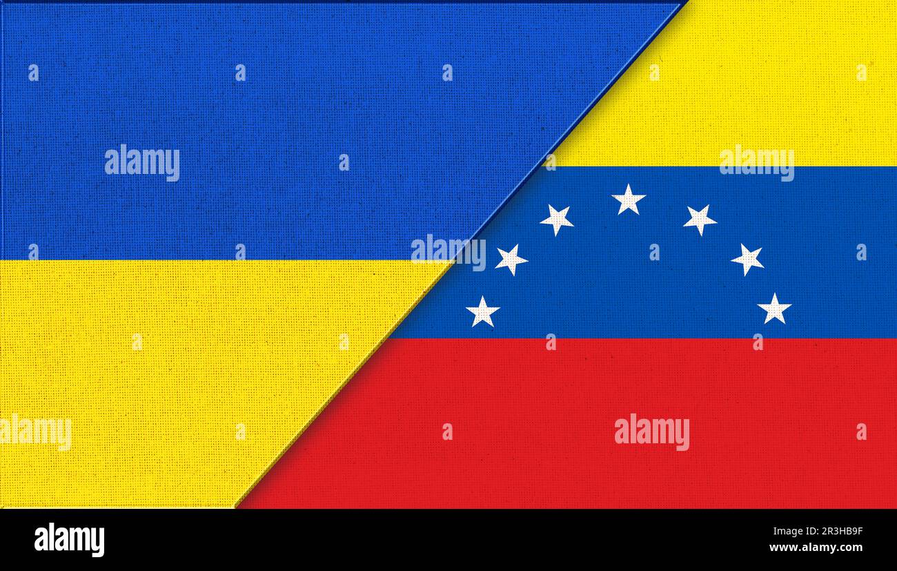 Flagge der Ukraine und Venezuelas – Abbildung 3D. Zwei Fahnen Zusammen – Stoffstruktur. Nationales Symbol Stockfoto