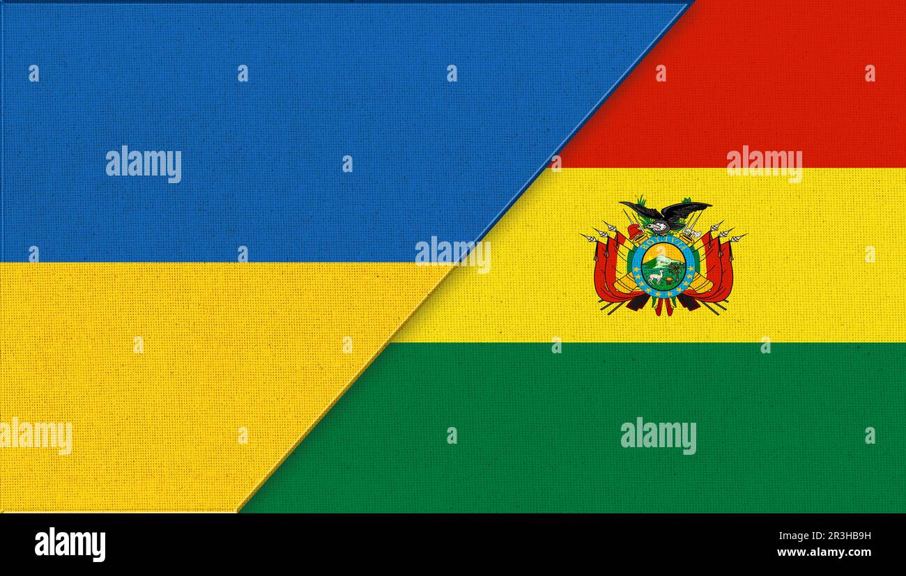 Flagge der Ukraine und Bolivien - Abbildung 3D. Zwei Fahnen Zusammen – Stoffstruktur. Nationale Symbole Stockfoto