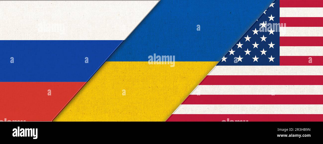 Ukrainische Flagge Russland und USA-3D-Abbildung. Drei Flaggen Zusammen. Russischer Angriff auf die Ukraine. Stockfoto