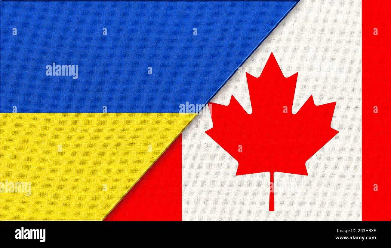 Nationale Symbole der Ukraine und Kanadas. Union zweier Länder. Flagge der Ukraine und Kanadas. Zwei Flaggen Stockfoto
